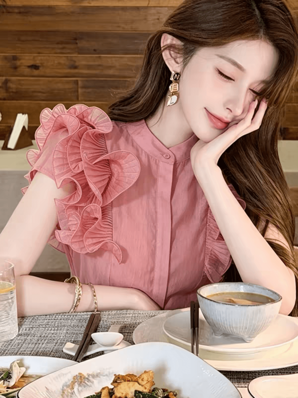 품격 고급 센스 핑크색 연꽃 잎 소매 맨위 2026 년 여름 섹션 신제품 프랑스식 고유 한 아름다운 민소매 여성 셔츠 상세 이미지 1