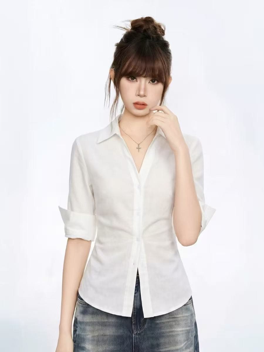 화이트 POLO 칼라 긍정적 인 어깨 반팔 여성 셔츠 여름 여름 고급 센스 몸매 가꾸기 셔츠 출퇴근 중간 소매 반소매 맨위 이미지 2