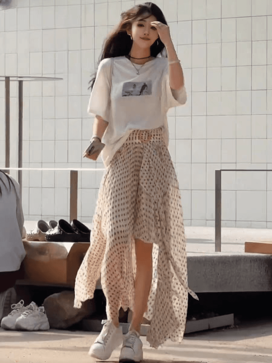 한 부서 부드러운 바람이 아닙니다. 규칙 프릴 꽃무늬 반신 스커트 여성 여름 품격 하이웨이스트 슬림해 보이는 큰 진자 롱 스커트 여성 상세 이미지 7
