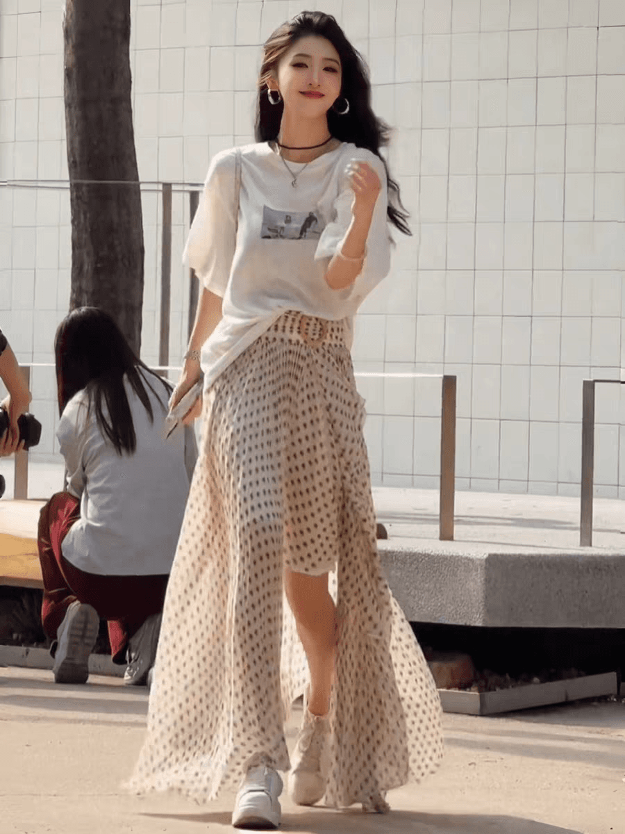 한 부서 부드러운 바람이 아닙니다. 규칙 프릴 꽃무늬 반신 스커트 여성 여름 품격 하이웨이스트 슬림해 보이는 큰 진자 롱 스커트 여성 상세 이미지 8