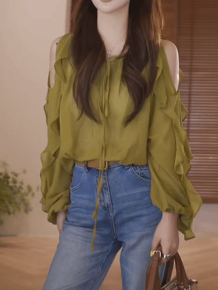 고유 한 슈퍼 잘 생긴 오프숄더 프릴 검정색 셔츠 여성 의류 2026 여름 V넥 얇은 스타일 자외선 차단 블라우스 맨위 상세 이미지 4