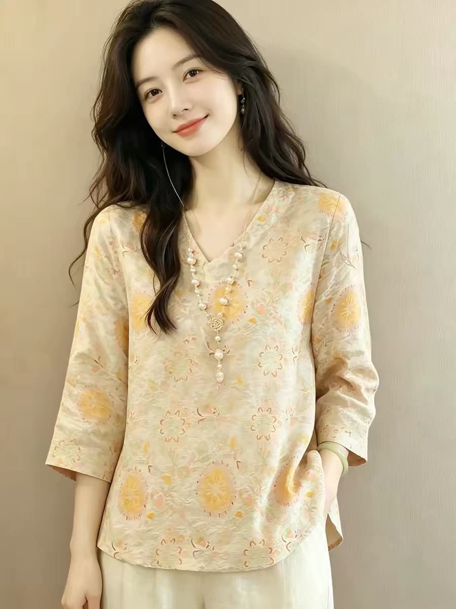 우아함 캐주얼 긴팔 2026 중식 전원 바람 프린트 여성 셔츠 여름 V넥 7부 소매 루즈핏 연령 감소 맨위 상세 이미지 3