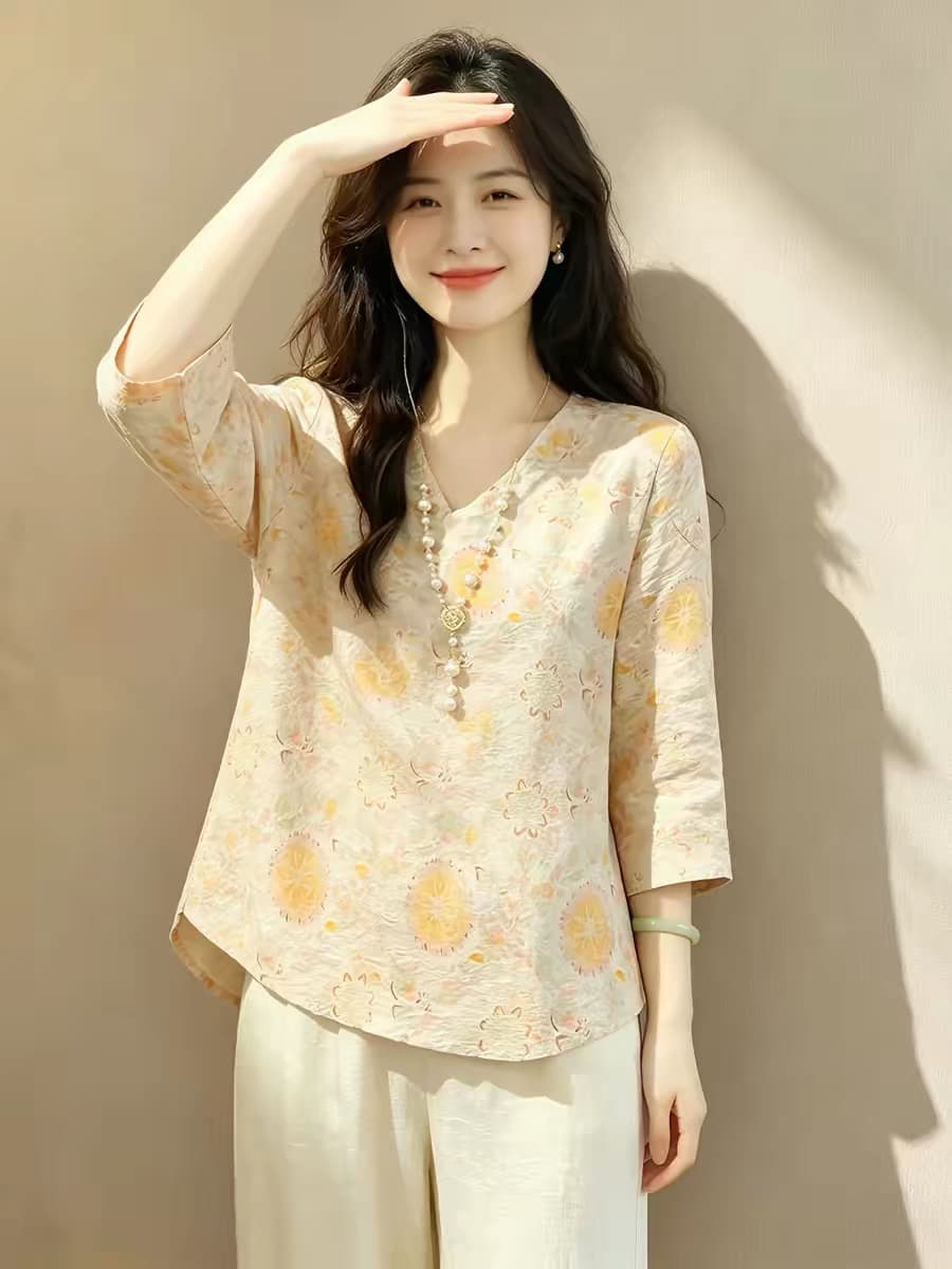 우아함 캐주얼 긴팔 2026 중식 전원 바람 프린트 여성 셔츠 여름 V넥 7부 소매 루즈핏 연령 감소 맨위 상세 이미지 4