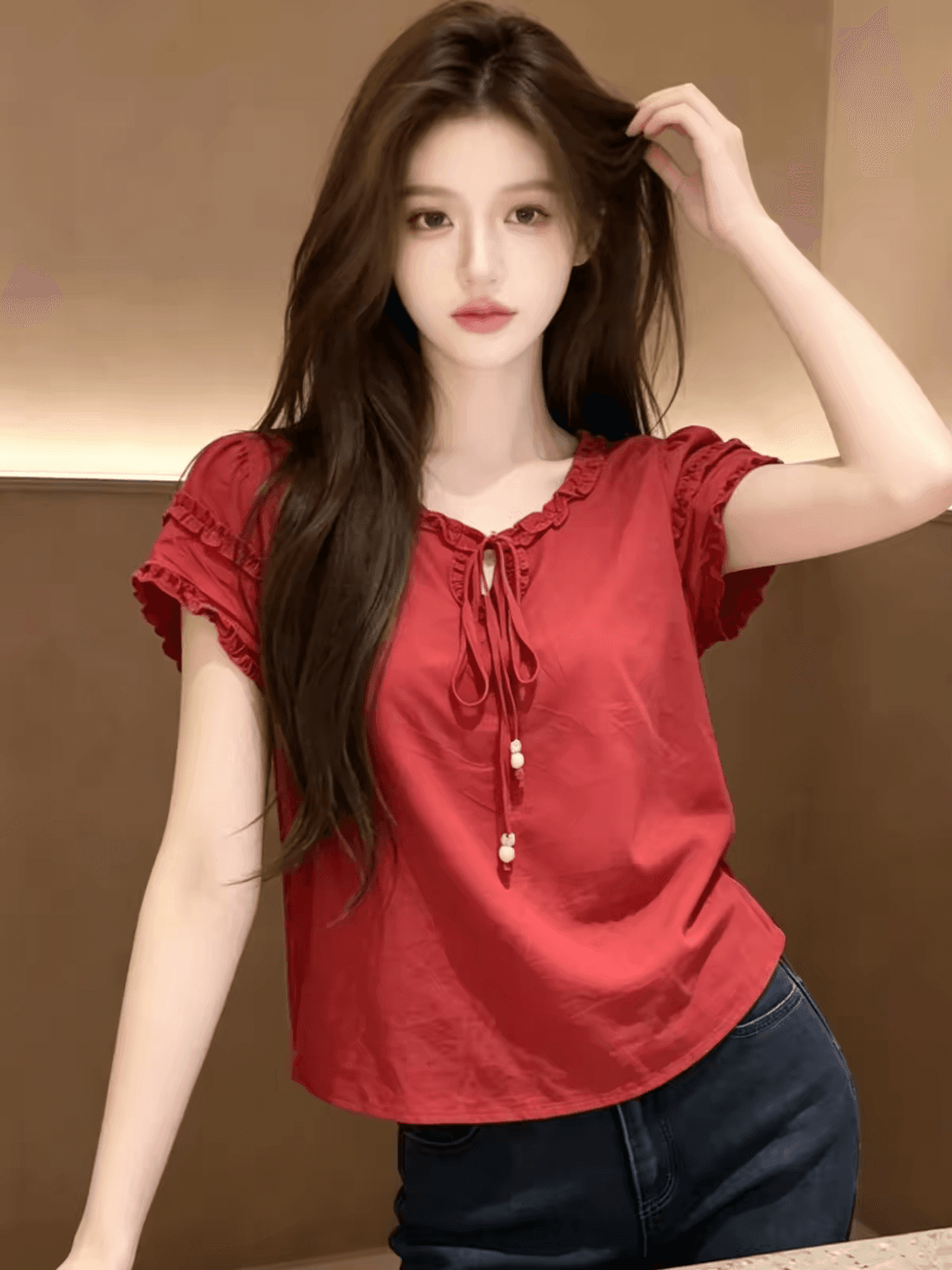 빨간색 프릴 V넥 반팔 셔츠 여자 2026 새로운 여름 프랑스식 맨위 이미지 4