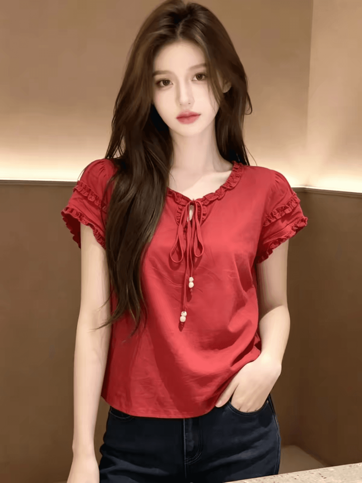 빨간색 프릴 V넥 반팔 셔츠 여자 2026 새로운 여름 프랑스식 맨위 상세 이미지 2