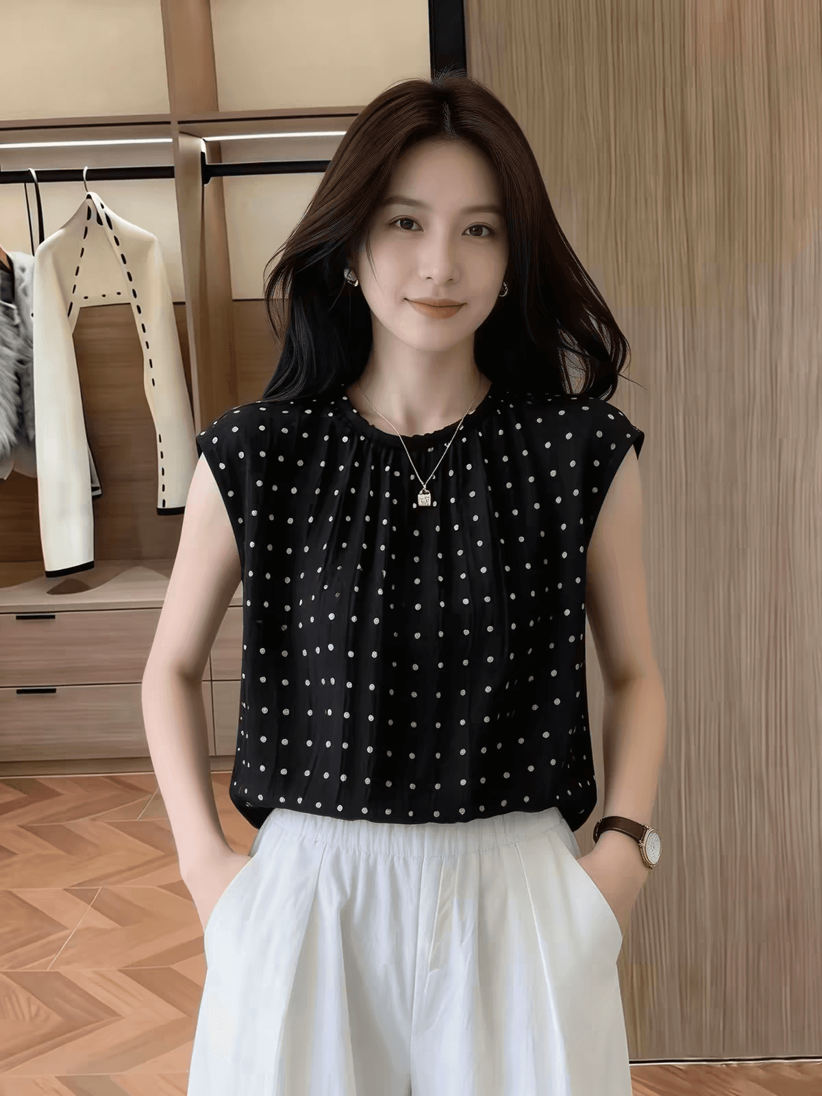도트 무늬 라운드 넥 민소매 여성 셔츠 2026 새로운 여름 맨위 이미지 3