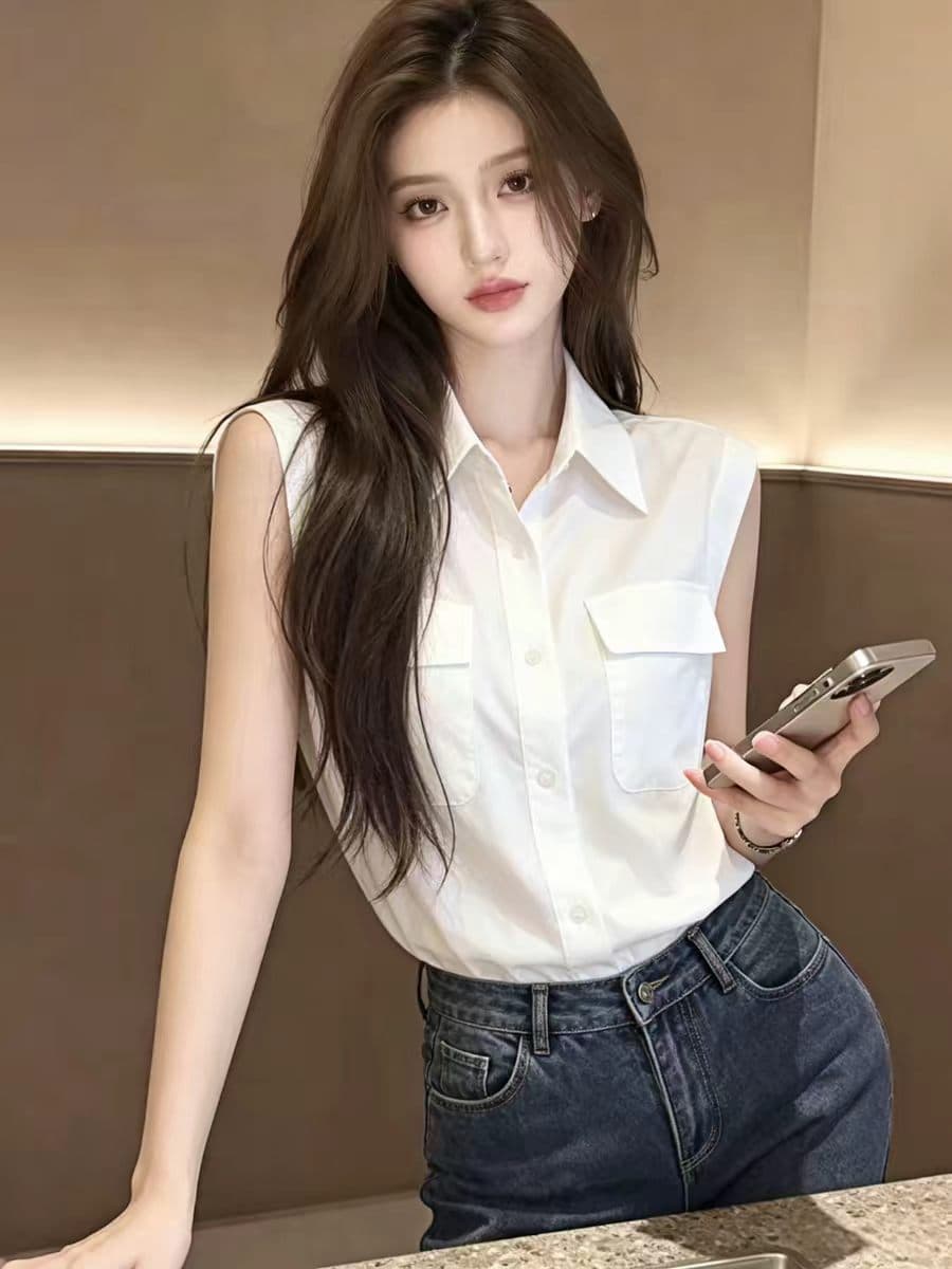 화이트 폴로 칼라 셔츠 여자 2026 새로운 여름 디자인 센스 여성 민소매 맨위 상세 이미지 3