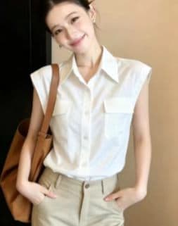 화이트 폴로 칼라 셔츠 여자 2026 새로운 여름 디자인 센스 여성 민소매 맨위 상세 이미지 5