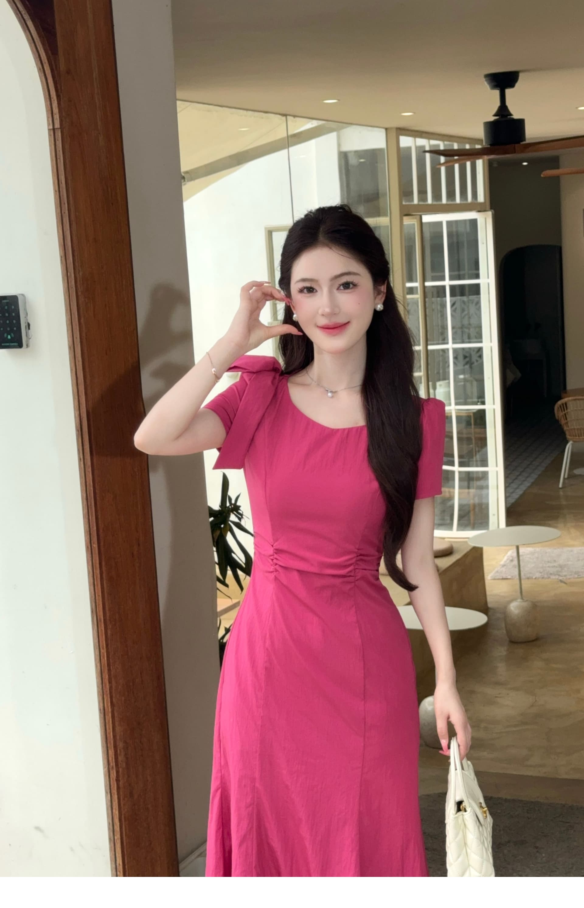 lili 리 리 가족 라스베리 소녀 프랑스식 명문 여성 라스베리 색상 인어 꼬리 스커트 여름 섹션 디스플레이 화이트 품격 드레스