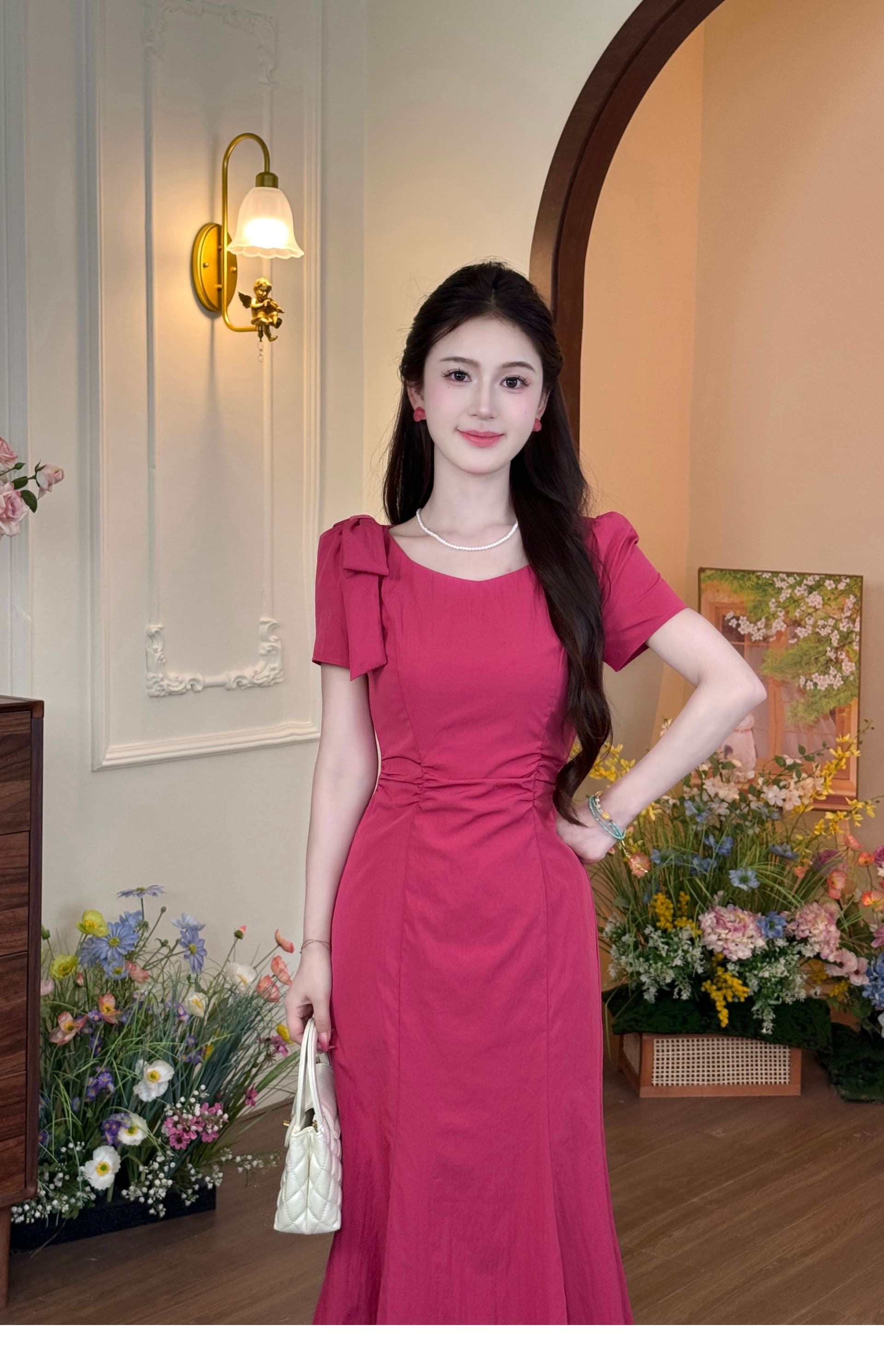 lili 리 리 가족 라스베리 소녀 프랑스식 명문 여성 라스베리 색상 인어 꼬리 스커트 여름 섹션 디스플레이 화이트 품격 드레스 이미지 3