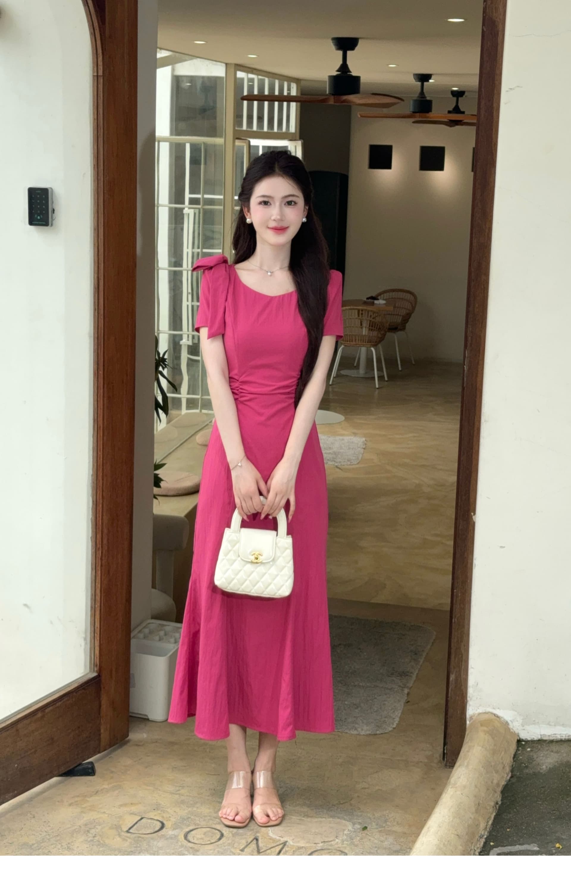 lili 리 리 가족 라스베리 소녀 프랑스식 명문 여성 라스베리 색상 인어 꼬리 스커트 여름 섹션 디스플레이 화이트 품격 드레스 상세 이미지 4