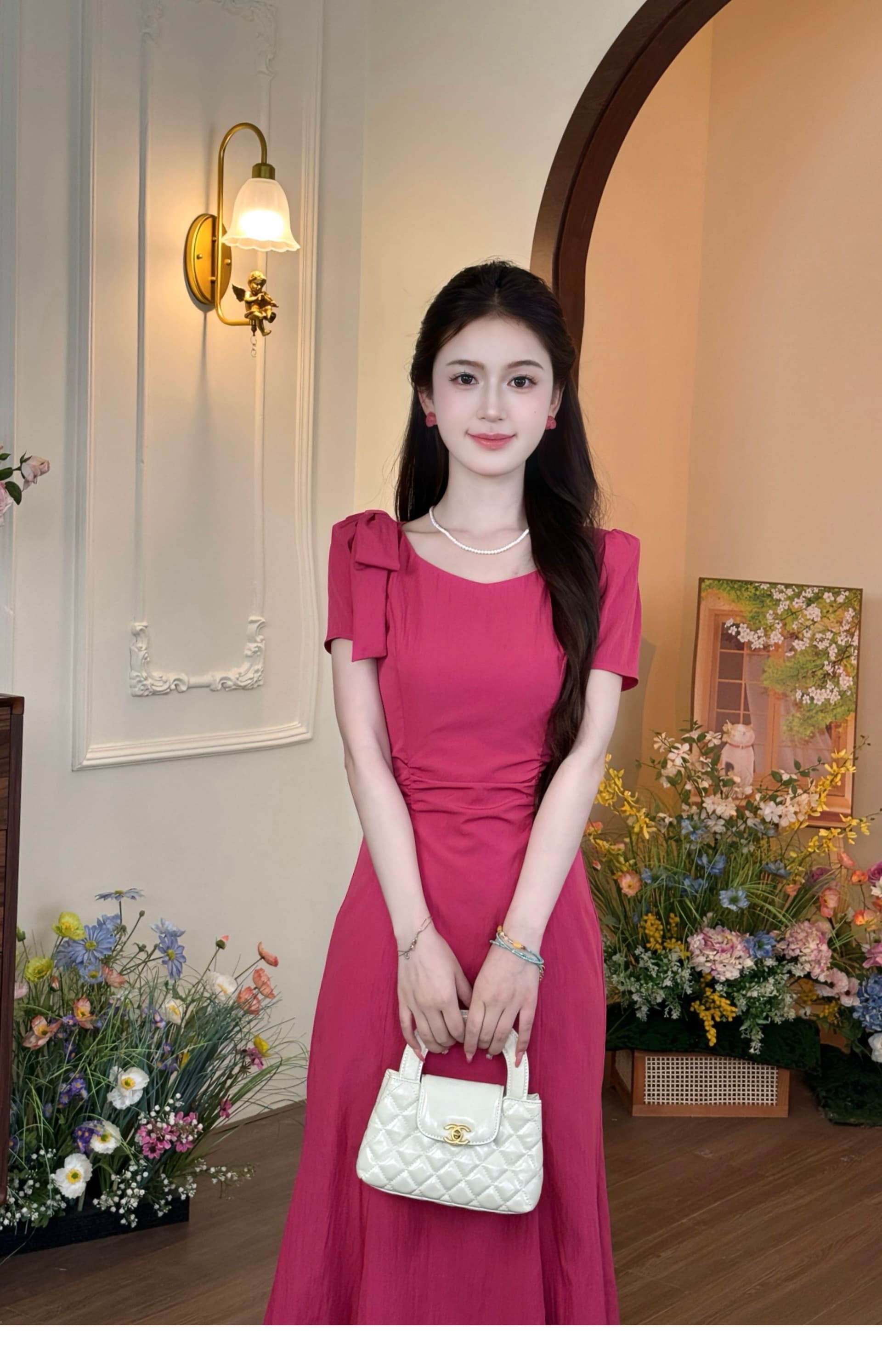 lili 리 리 가족 라스베리 소녀 프랑스식 명문 여성 라스베리 색상 인어 꼬리 스커트 여름 섹션 디스플레이 화이트 품격 드레스 상세 이미지 7