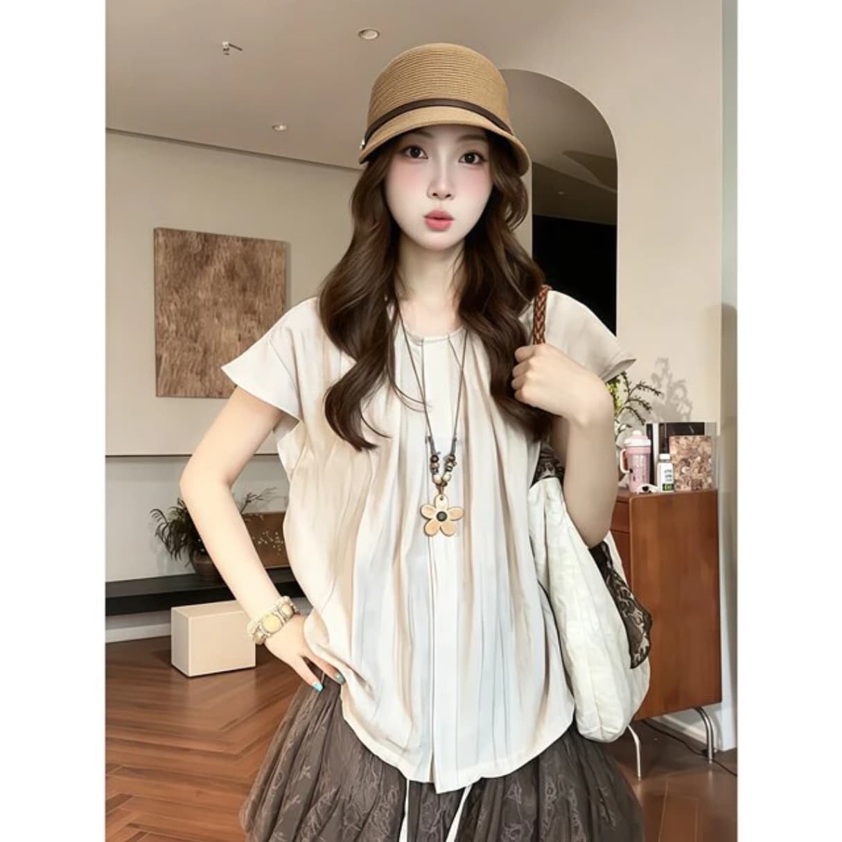 품격 바람 펌프 로프 허리 수축 슬림해 보이는 주름 작은 날다 소매 셔츠 여성 상세 이미지 5