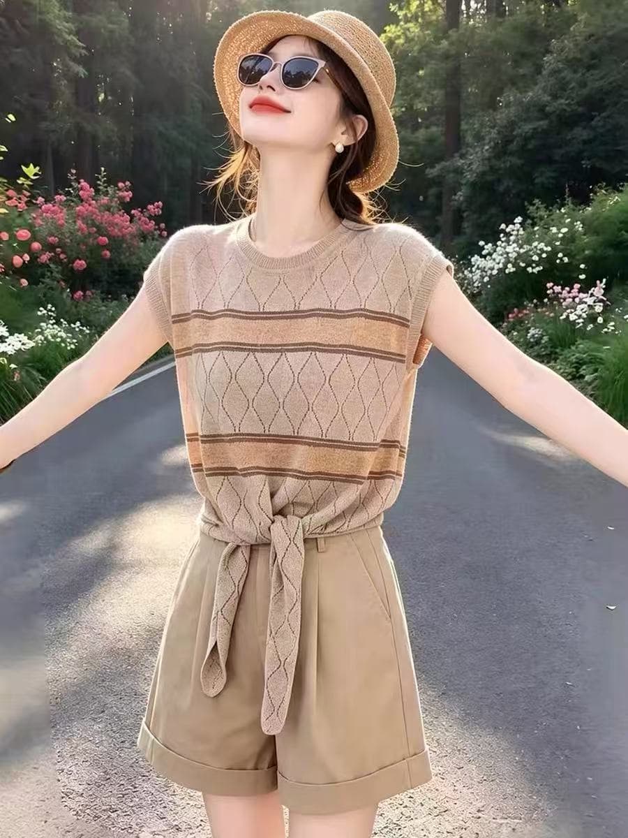한 부서 패션 느긋한 루즈핏 라운드 넥 스트랩 스트라이프 홀로우 아웃 니트 스웨터 상세 이미지 5
