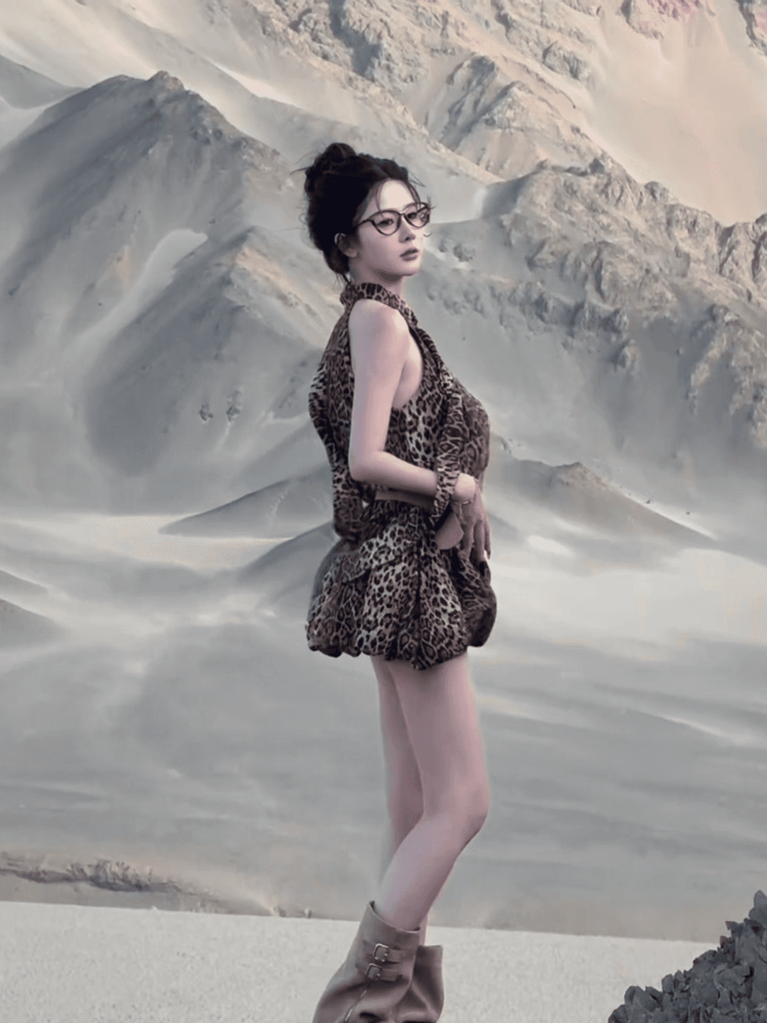북서쪽 불모지 바람 착용 가져 가라. 핫걸 레오파드 무늬 리본 행침 목 여성 드레스 슬림해 보이는 허리 수축 민소매 한 마디 미니 스커트 상세 이미지 2