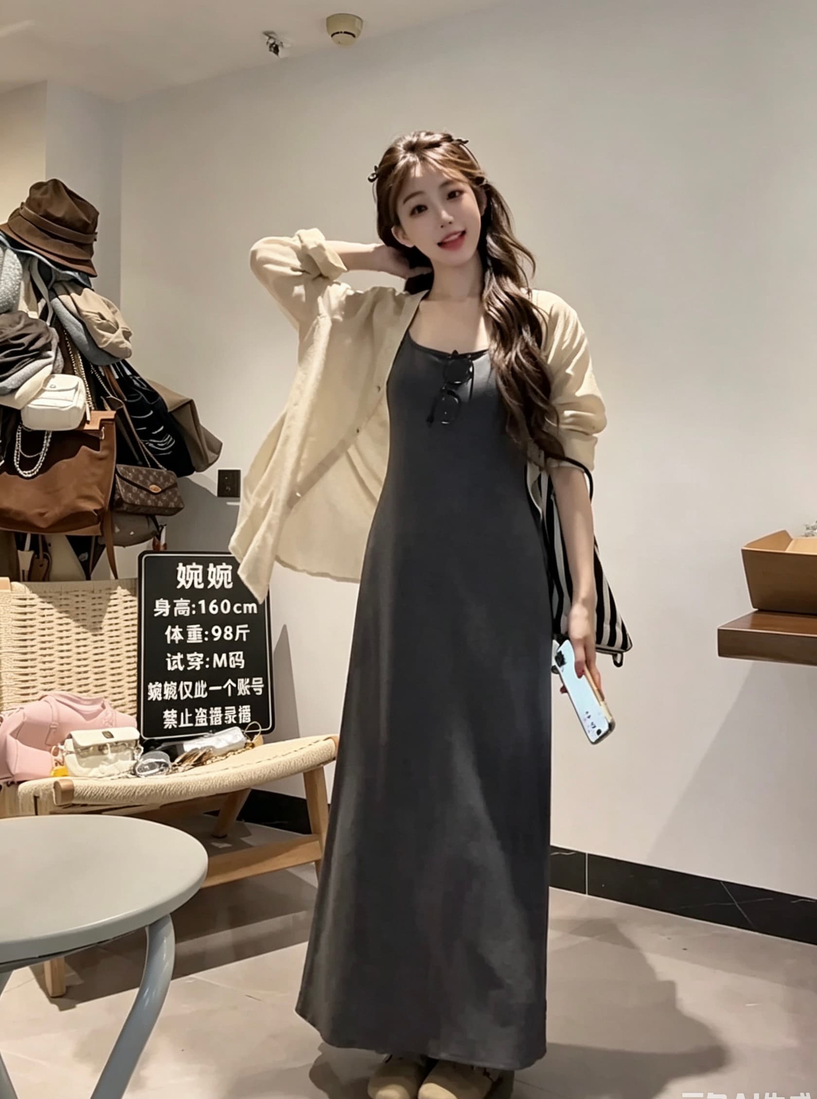 패션 출퇴근 바람 세트 여성 2026 여름 새로운 느슨함 센스 V넥 긴팔 셔츠 반신 스커트 투피스 세트 상세 이미지 5