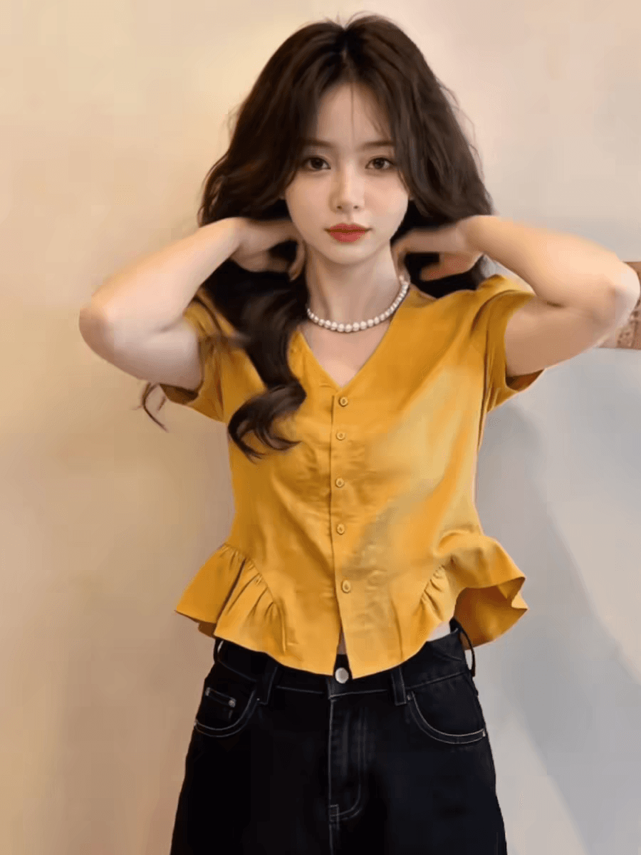 황색 거품 소매 V넥 반팔 여성 셔츠 여름 작은 셔츠 맨위 이미지 3