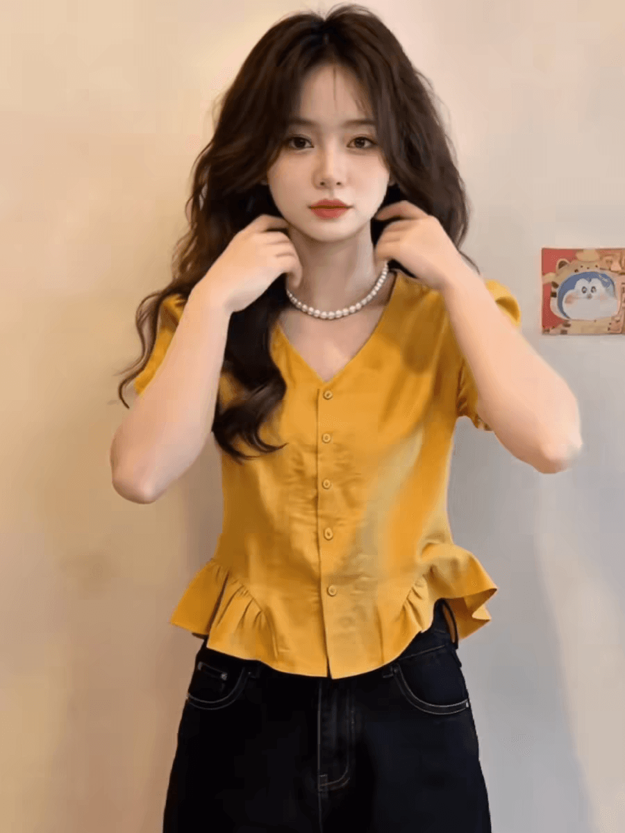 황색 거품 소매 V넥 반팔 여성 셔츠 여름 작은 셔츠 맨위 이미지 4