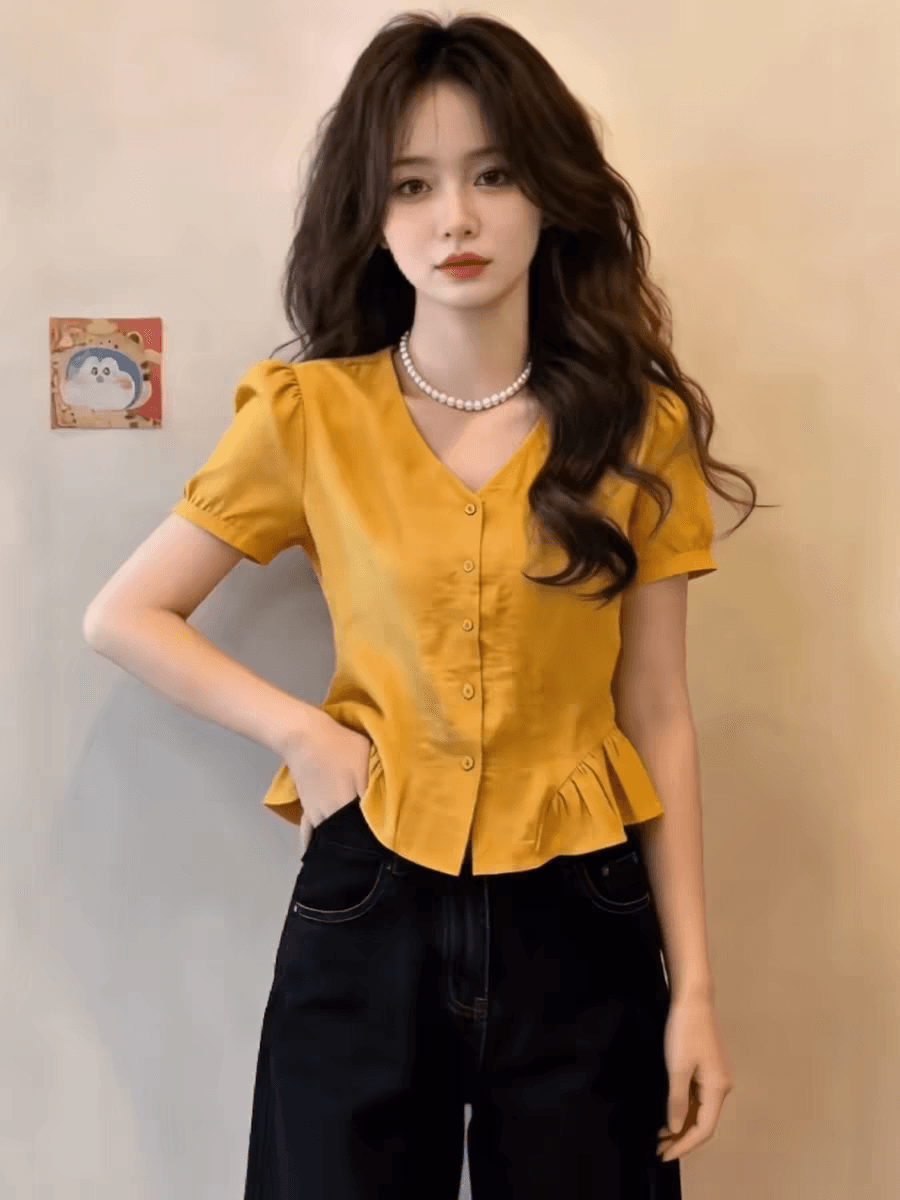 황색 거품 소매 V넥 반팔 여성 셔츠 여름 작은 셔츠 맨위 이미지 2
