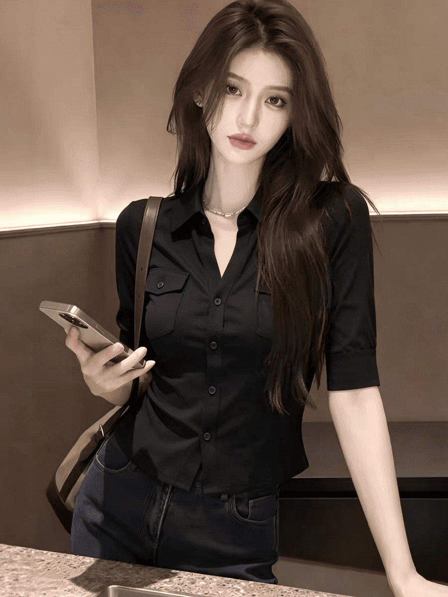 검정색 V넥 싱글 줄 버튼 반소매 여성 셔츠 2026 여름 맨위 이미지 3