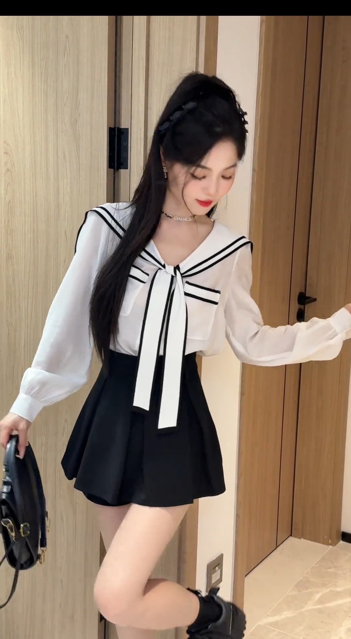 mm 프랑스식 리본 해군 칼라 여성 셔츠 가을 새로운 연령 감소 Chic 긴팔 맨위 상세 이미지 5