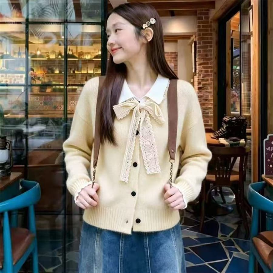 폴로 칼라 페이크 레이어드 스웨터 여성 코트 가을 겨울철 새로운 레이스 나비 매듭 니트 오픈 가디건 쇼트 스타일 맨위 상세 이미지 6