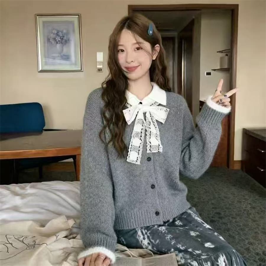 폴로 칼라 페이크 레이어드 스웨터 여성 코트 가을 겨울철 새로운 레이스 나비 매듭 니트 오픈 가디건 쇼트 스타일 맨위 상세 이미지 7