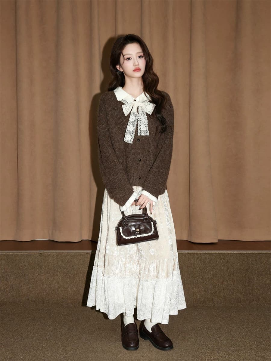 폴로 칼라 페이크 레이어드 스웨터 여성 코트 가을 겨울철 새로운 레이스 나비 매듭 니트 오픈 가디건 쇼트 스타일 맨위 상세 이미지 9