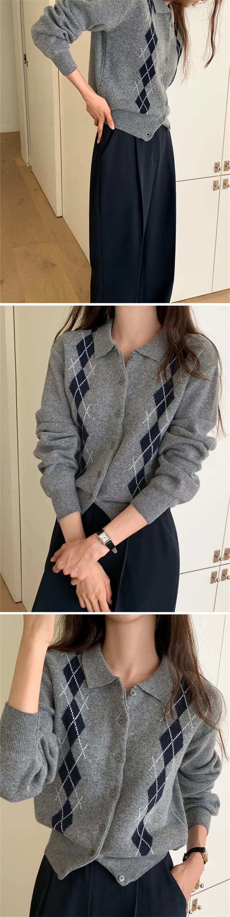 학원 스타일 배색 링 그리드 자카드 니트 오픈 가디건 짧은 여성 코트 가을 새로운 작은 단추 부드러운 찹쌀 스웨터 상세 이미지 7