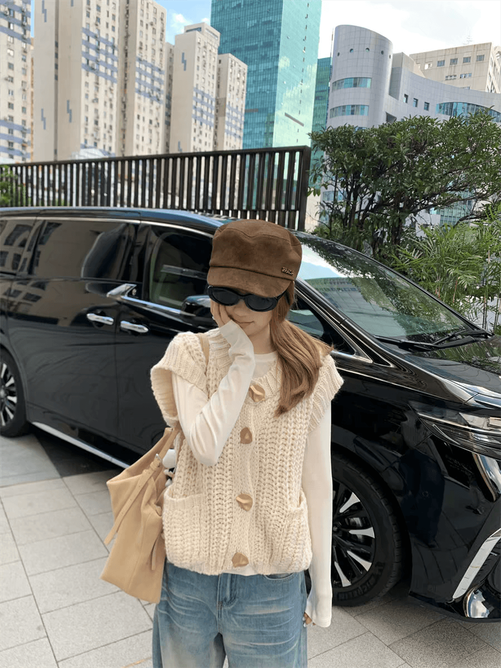 한 부서 느긋한 두꺼운 선 니트 조끼 여자 가을 의상 새로운 대 단추 주머니 민소매 조끼 외부 잡아라. 의류 상세 이미지 20