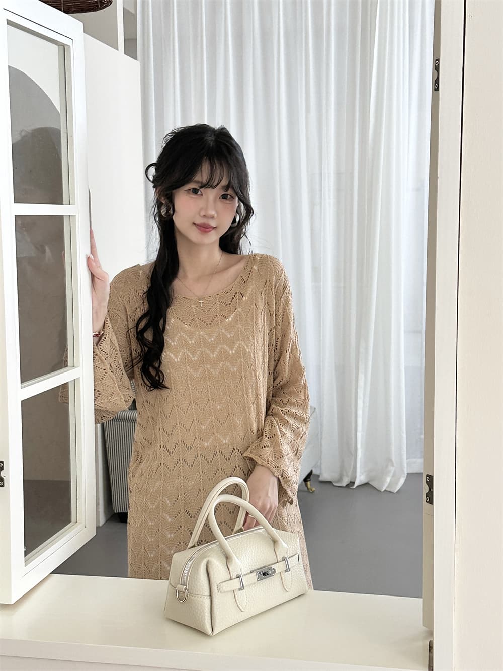 실사 한 부서 느긋한 바람 루즈핏 긴팔 니트 블라우스 봄 가을 새로운 여성 외국 가스 패션 롱 코트 홀로우 아웃 맨위 이미지 3