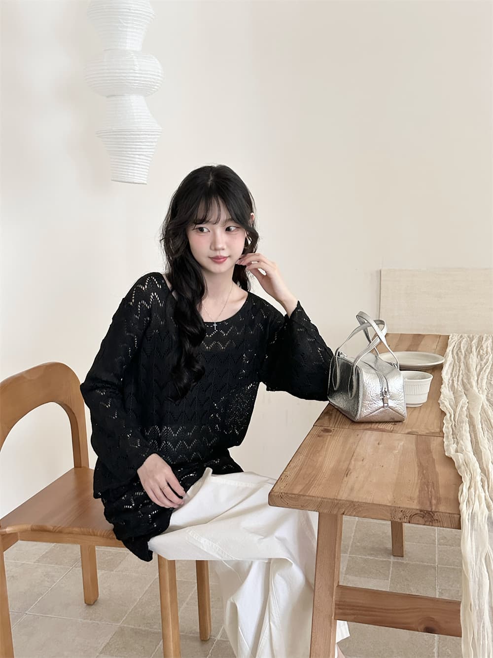 실사 한 부서 느긋한 바람 루즈핏 긴팔 니트 블라우스 봄 가을 새로운 여성 외국 가스 패션 롱 코트 홀로우 아웃 맨위 상세 이미지 22