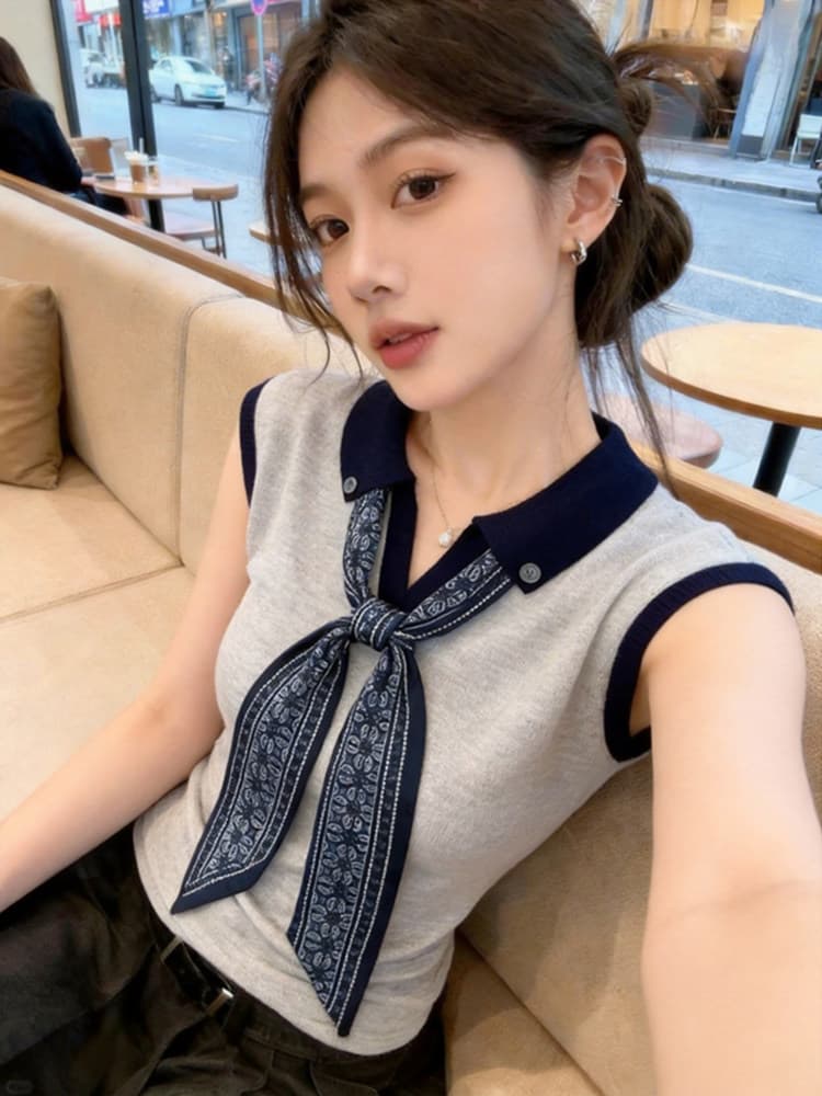 자이언트 잘 생긴 스카프 넥타이 긍정적 인 어깨 니트 티셔츠 여성 2026 슈퍼 화재 연령 감소 여름 한 부서 품격 어깨 맨위 이미지 2