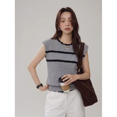 프랑스식 고급 사소한 레트로 회색 스트라이프 어깨 니트 조끼 여성 여름 얼음 실크 민소매 티셔츠 고유 한 맨위 상세 이미지 1