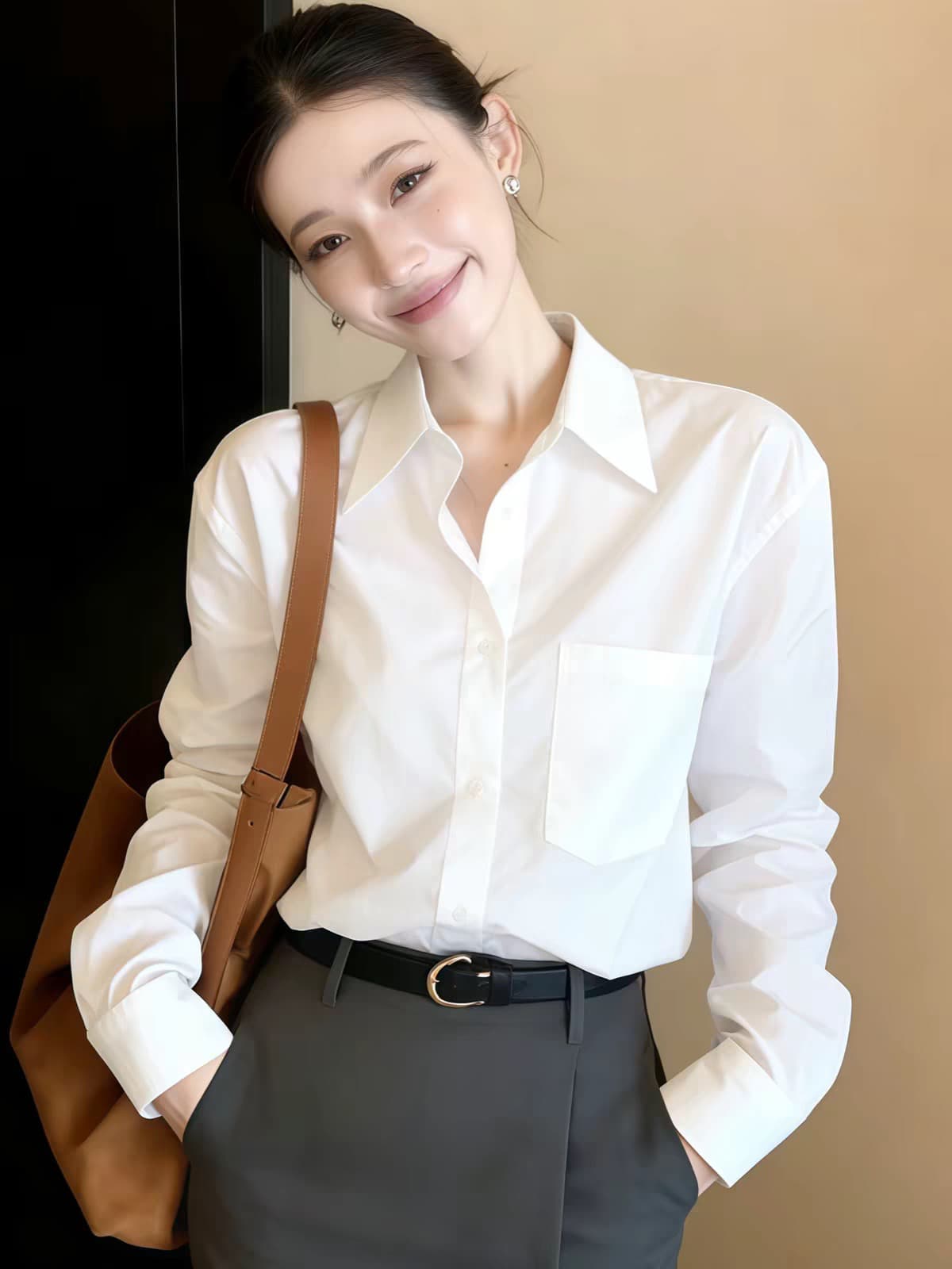화이트 POLO 칼라 긴팔 셔츠 봄 가을 여성 2026 년 새로운 빛 럭셔리 고급 센스 프랑스식 사소한 Chic 켜기 이미지 3