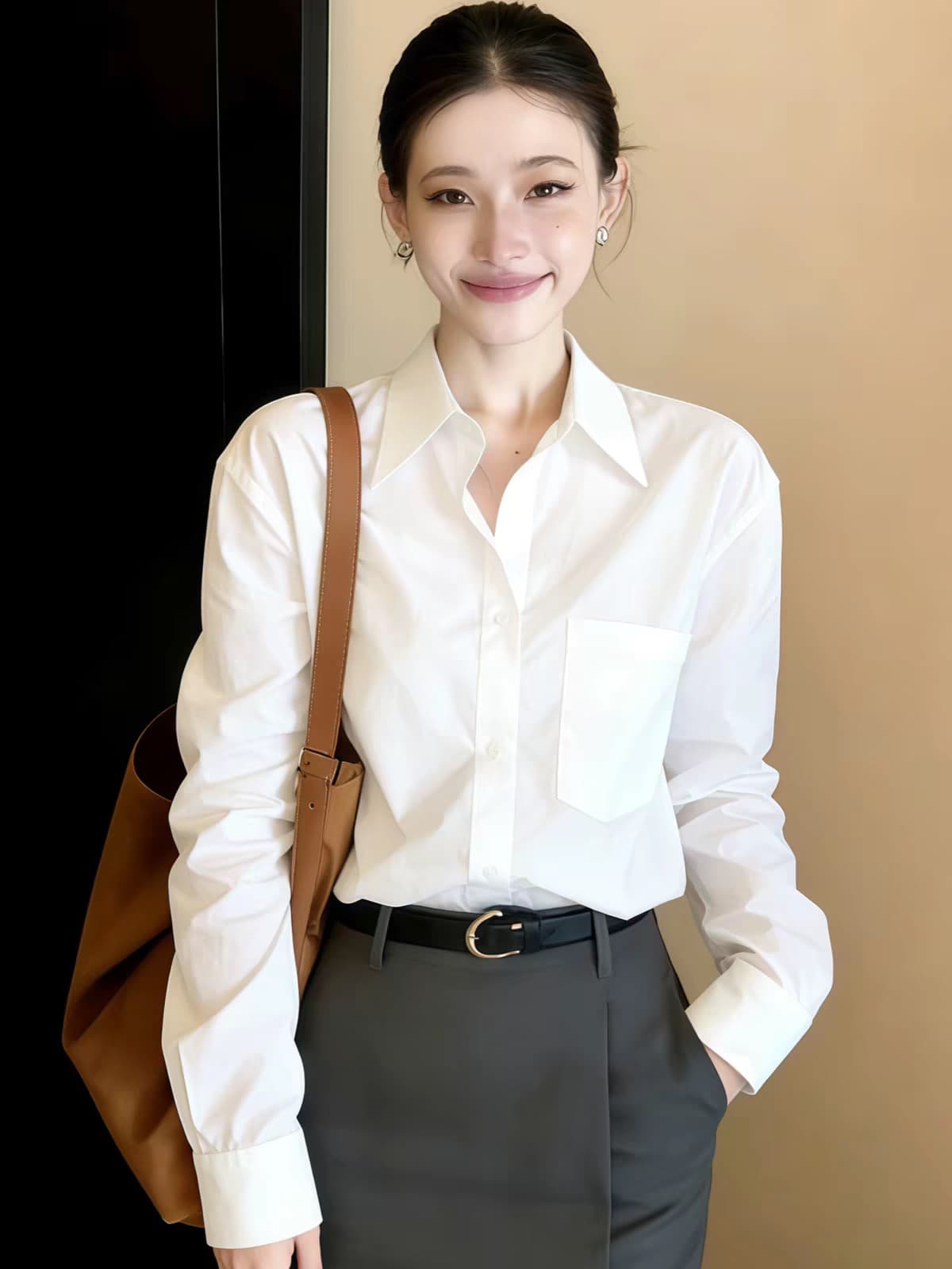 화이트 POLO 칼라 긴팔 셔츠 봄 가을 여성 2026 년 새로운 빛 럭셔리 고급 센스 프랑스식 사소한 Chic 켜기 이미지 2
