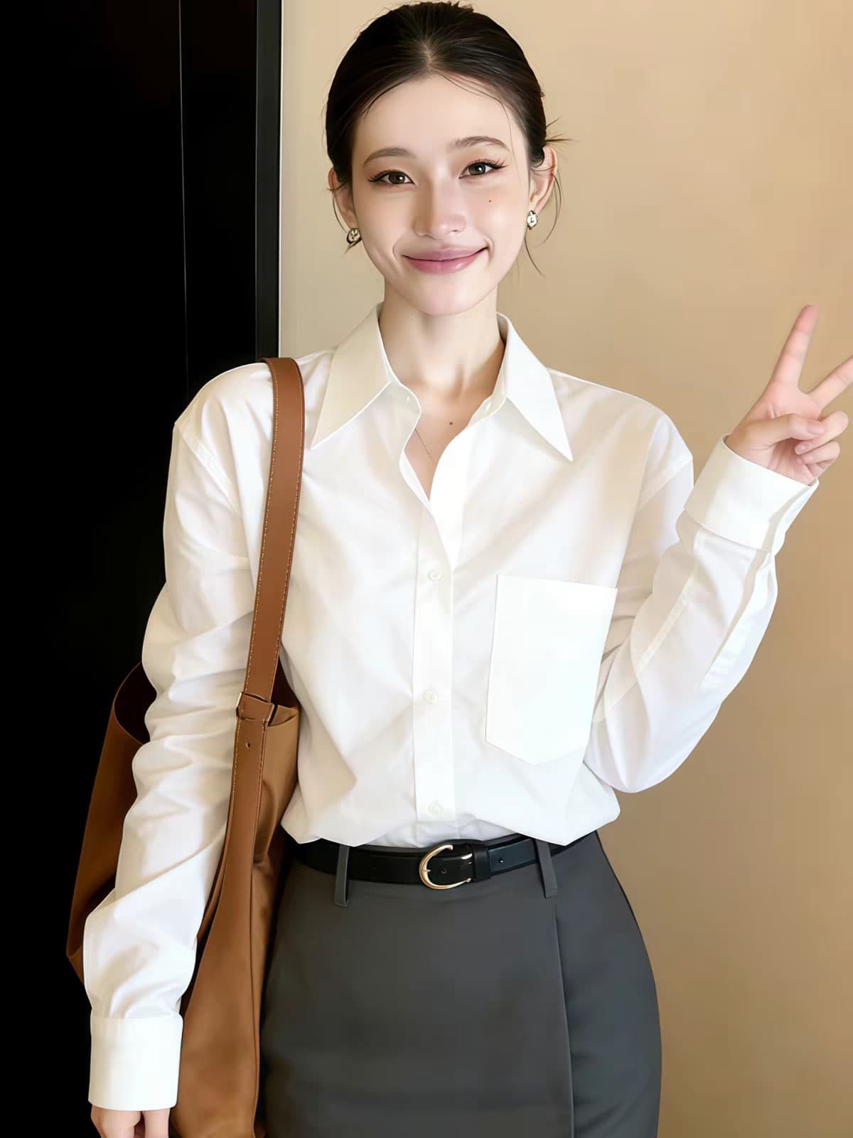 화이트 POLO 칼라 긴팔 셔츠 봄 가을 여성 2026 년 새로운 빛 럭셔리 고급 센스 프랑스식 사소한 Chic 켜기 상세 이미지 3
