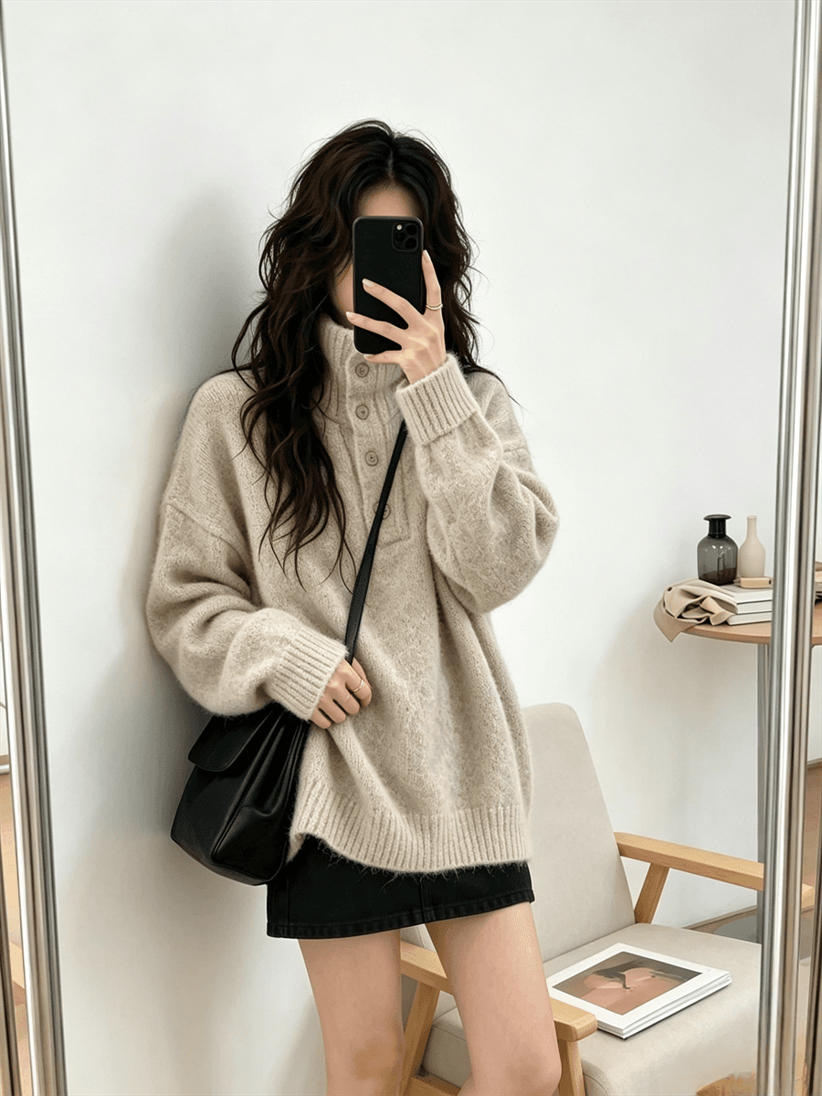 레트로 터틀넥 풀오버 스웨터 여자 가을 겨울 두꺼운 외출용 느긋한 바람 루즈핏 폴로 칼라 부드러운 찹쌀 니트 맨위 상세 이미지 10