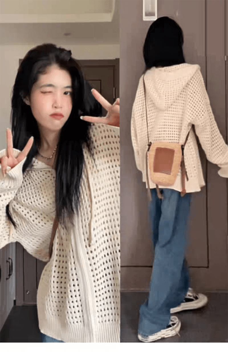 홀로우 아웃 디자인 센스 후드 외부 가져 가라. 얇은 스타일 재킷 한국 스타일 봄 여름 느긋한 후드티 지퍼 니트 오픈 가디건 맨위 여성 상세 이미지 4