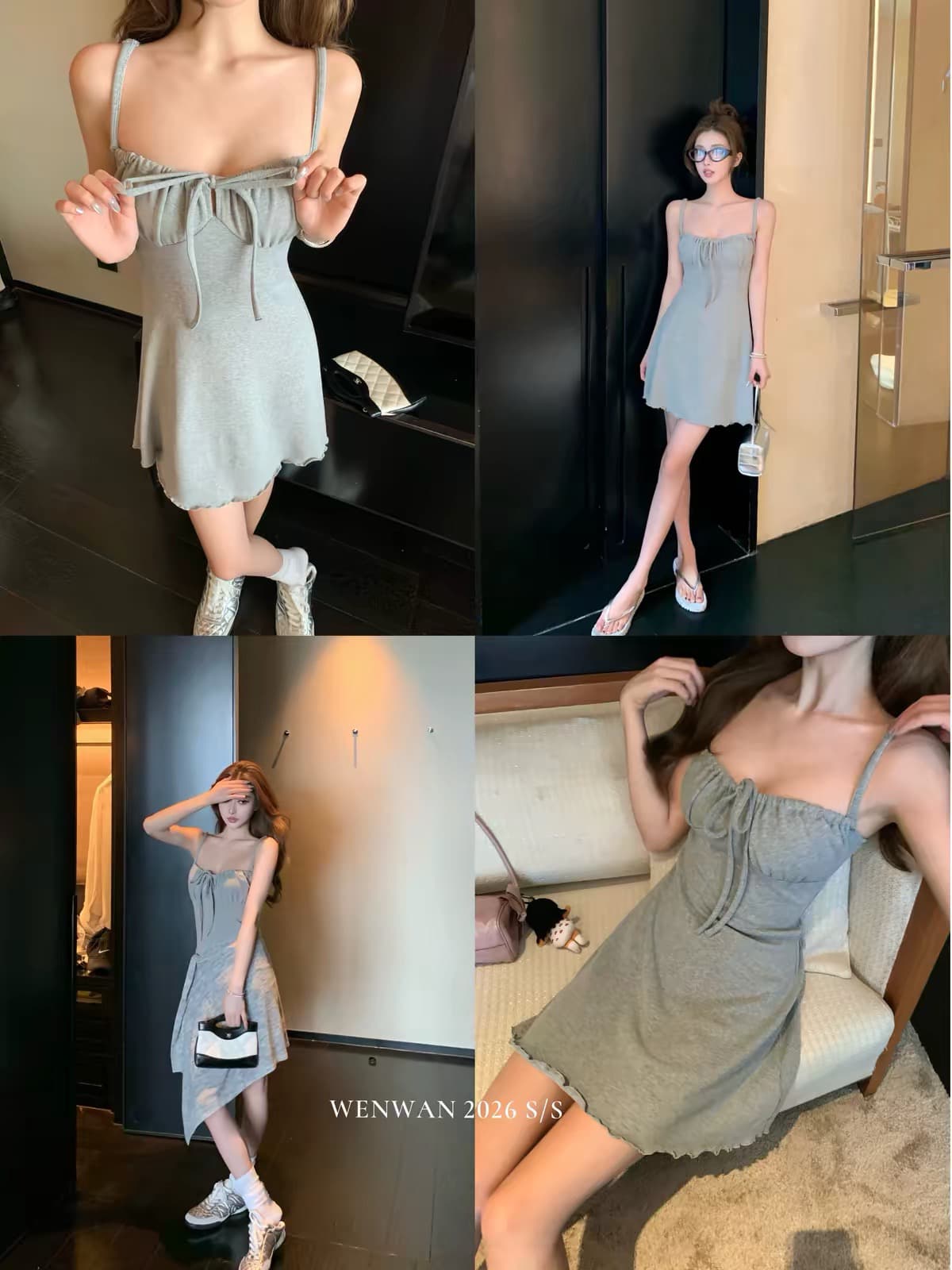 wenwan 순수한 욕망 sk1m s 프릴 레이스업 펌프 Pleat 얇은 스타일 허리 수축 면 슬립 드레스 상세 이미지 4