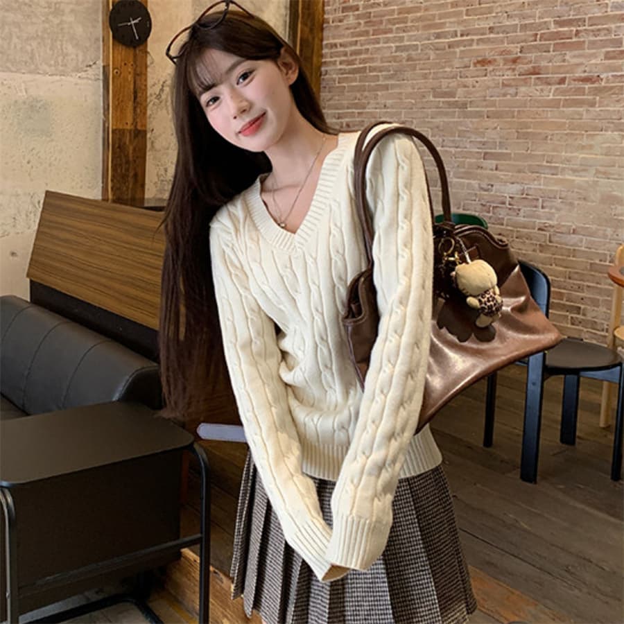 한 부서 V넥 스웨터 여자 가을 겨울철 꽈배기 두꺼운 루즈핏 인사이드 가져 가라. 외출용 느긋한 바람 니트 스웨터 맨위 상세 이미지 4