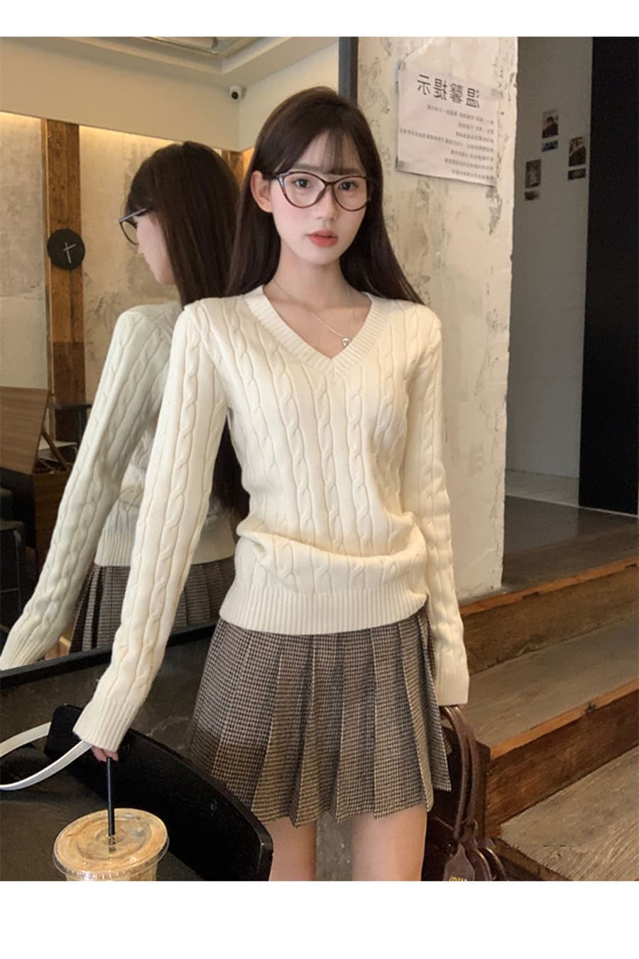 한 부서 V넥 스웨터 여자 가을 겨울철 꽈배기 두꺼운 루즈핏 인사이드 가져 가라. 외출용 느긋한 바람 니트 스웨터 맨위 상세 이미지 10