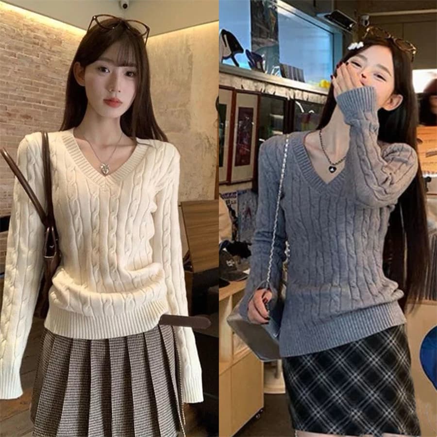 한 부서 V넥 스웨터 여자 가을 겨울철 꽈배기 두꺼운 루즈핏 인사이드 가져 가라. 외출용 느긋한 바람 니트 스웨터 맨위 상세 이미지 20