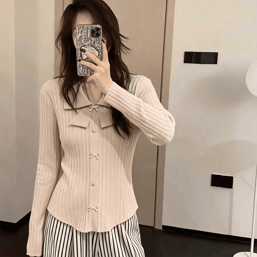 작은 샤넬 스타일 나비 매듭 POLO 칼라 긴팔 맨위 몸매 가꾸기 여성 만나는 니트 스웨터 스웨터 인사이드 가져 가라. 상세 이미지 3