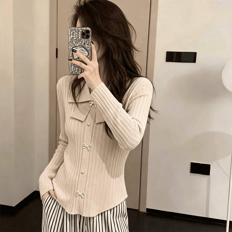 작은 샤넬 스타일 나비 매듭 POLO 칼라 긴팔 맨위 몸매 가꾸기 여성 만나는 니트 스웨터 스웨터 인사이드 가져 가라. 상세 이미지 4