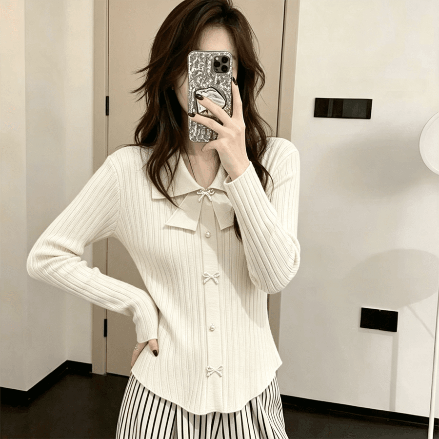 작은 샤넬 스타일 나비 매듭 POLO 칼라 긴팔 맨위 몸매 가꾸기 여성 만나는 니트 스웨터 스웨터 인사이드 가져 가라. 상세 이미지 5