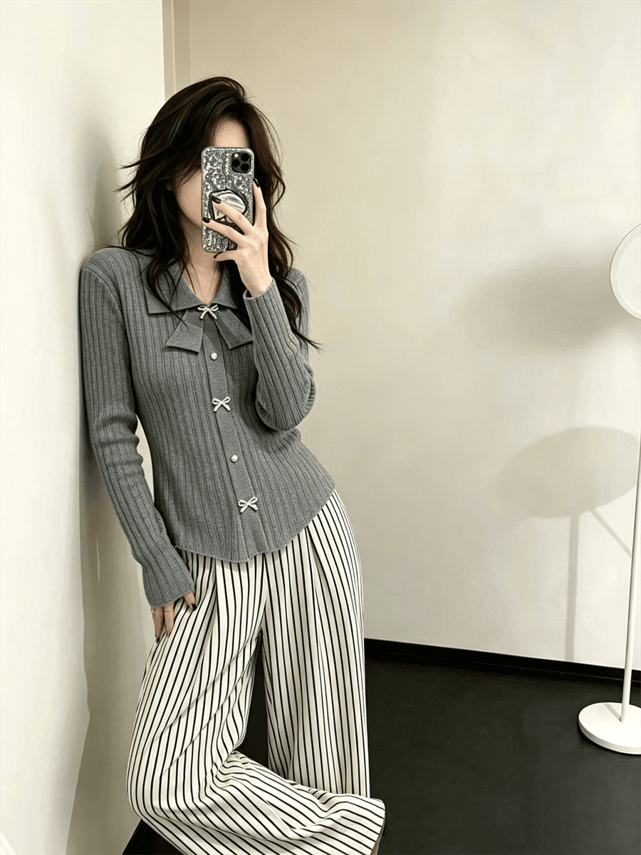 작은 샤넬 스타일 나비 매듭 POLO 칼라 긴팔 맨위 몸매 가꾸기 여성 만나는 니트 스웨터 스웨터 인사이드 가져 가라. 상세 이미지 9
