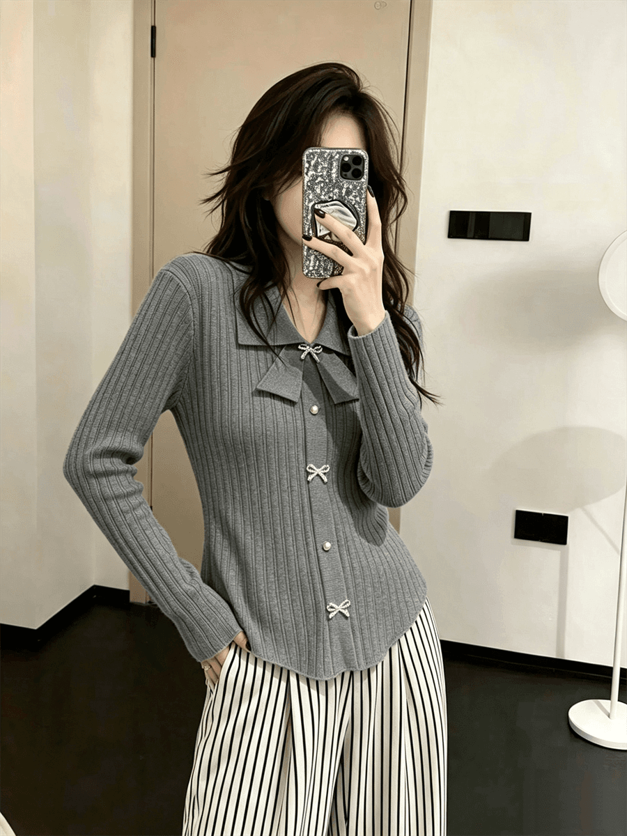 작은 샤넬 스타일 나비 매듭 POLO 칼라 긴팔 맨위 몸매 가꾸기 여성 만나는 니트 스웨터 스웨터 인사이드 가져 가라. 상세 이미지 12