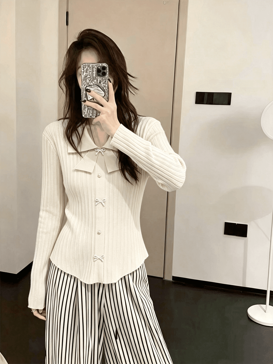 작은 샤넬 스타일 나비 매듭 POLO 칼라 긴팔 맨위 몸매 가꾸기 여성 만나는 니트 스웨터 스웨터 인사이드 가져 가라. 상세 이미지 16