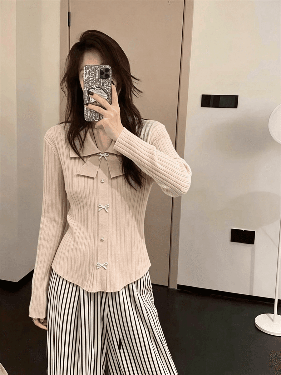작은 샤넬 스타일 나비 매듭 POLO 칼라 긴팔 맨위 몸매 가꾸기 여성 만나는 니트 스웨터 스웨터 인사이드 가져 가라. 상세 이미지 20